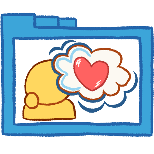  A hollow blue folder with thick lineart containing a person with their hand on their chin and a thought bubble containing a heart right next to them